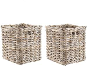 Set of 2 Grey & Buff Rattan Square Cube Wicker Storage Baskets