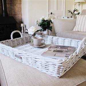 Large white rattan serving tray