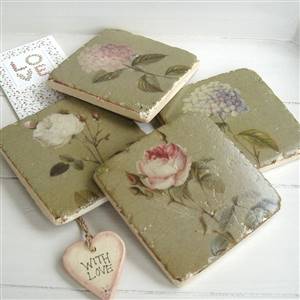 4 rose & hydrangea tile coasters