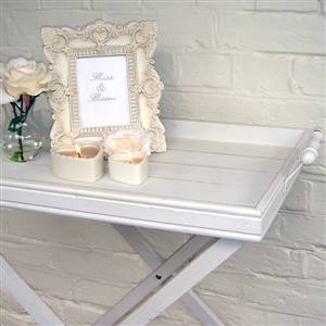 White butler tray on stand