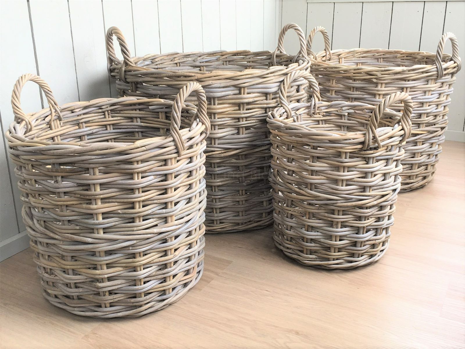 Grey & Buff Round Rattan Laundry Basket - The Basket Company